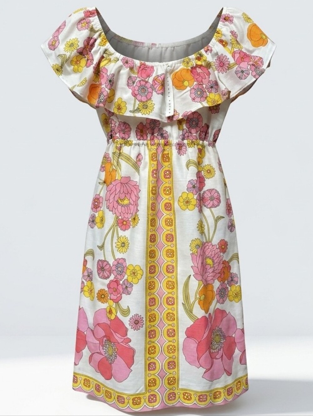 Trina Turk Excursion Off The Shoulder Floral Ruffle Cotton Shift Dress Sz.2